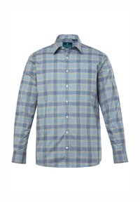 Camicia a scacchi blu chiaro e gialla realizzata in tessuto lavorato, con maniche lunghe, chiusura frontale con bottoni e un design con colletto standard.