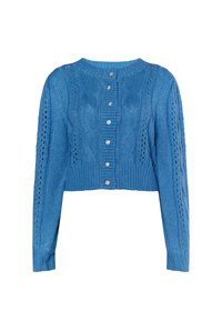 Cárdigan azul de punto, cortado y con mangas largas, que presenta patrones de trenzado y encaje, escote redondo y botones decorativos con flores en el frente.
