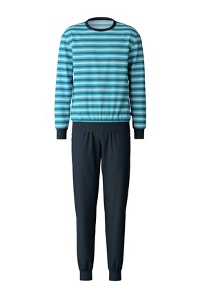 Striped blue and black athletic tracksuit; pullover top with long sleeves and ribbed neck; matching jogger pants with elastic cuffs.