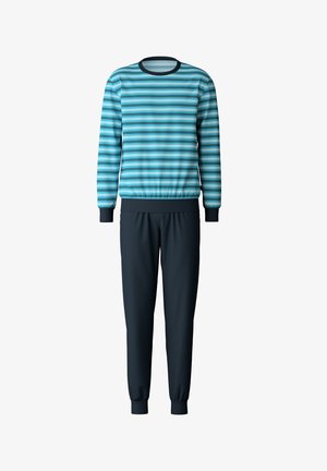 Striped blue and black athletic tracksuit; pullover top with long sleeves and ribbed neck; matching jogger pants with elastic cuffs.