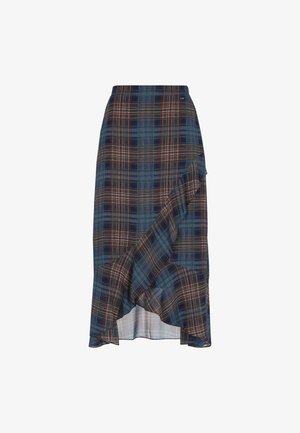 Gonna a quadri in blu scuro, con dettaglio arricciato su un lato e strisce variabili in rosso e bianco. Texture liscia e tessuta.