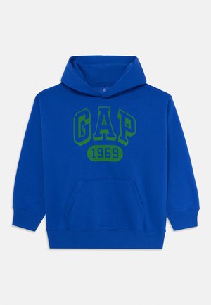 Blue hoodie made of cotton blend, featuring a front pocket, elastic cuffs, and large green "GAP 1969" graphic on the chest.