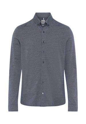 Langärmliges, knopfbares Hemd aus dunkelblauem Stoff mit strukturiertem Muster, ausgestattet mit einem klassischen Kragen und dunklen Knöpfen entlang der Vorderseite.