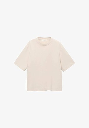Kurzärmliges T-Shirt mit Rundhalsausschnitt aus leichtem beigen Baumwollstoff. Einfaches Design mit lockerer Passform und ohne sichtbare Muster oder Akzente.