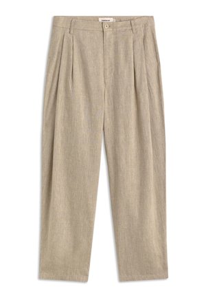 Beige Leinenhose mit hoher Taille, vorderen Falten, Knopf- und Reißverschluss sowie einer entspannten, gerade geschnittenen Passform.
