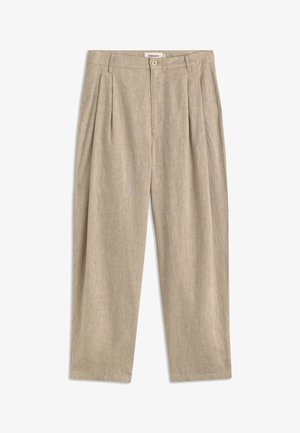 Beige linnen broek met een hoge taille, voorplooien, een knoop- en ritssluiting, en een comfortabele rechte pijpvorm.