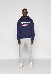 Hanorac bleumarin cu logo Reebok alb și roșu, combinat cu pantaloni de trening gri deschis și adidași albi cu tălpi bej. Îmbrăcăminte casual sport.