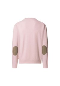 Maglione a maniche lunghe rosa chiaro con polsini e orlo a coste, caratterizzato da toppe ovali di colore verde oliva a contrasto sui gomiti di entrambe le maniche.