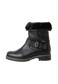Botte de cheville en cuir noir avec un revers en fausse fourrure, détail de boucle et surface texturée. Elle présente une semelle robuste avec des coutures accentuées.