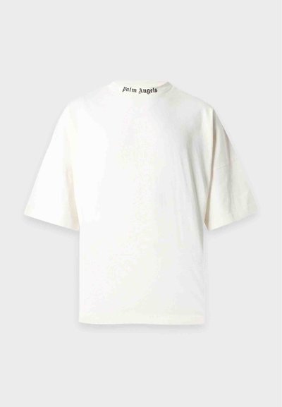 Λευκό υπερμεγέθες κοντομάνικο T-shirt με ψηλό λαιμόκοψη που έχει μικρό μαύρο κείμενο "Palm Angels" στον γιακά.