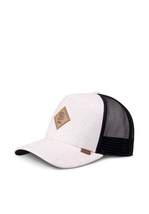 Weiß gesprenkelte Baseballkappe mit schwarzem Netz-Rücken und braunem, diamantförmigem Logo-Patch auf dem Frontpanel.