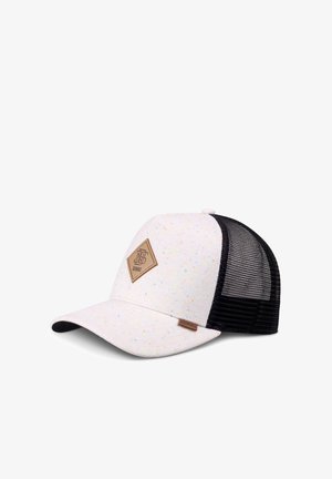 Weiß gesprenkelte Baseballkappe mit schwarzem Netz-Rücken und braunem, diamantförmigem Logo-Patch auf dem Frontpanel.