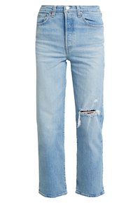 Light blue denim jeans with a straight leg fit and a horizontal rip on the right thigh showing frayed edges.
