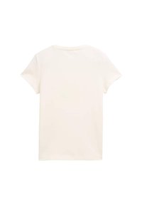 Cream-colored short-sleeve t-shirt with a classic round neckline and a smooth, plain fabric texture, featuring no visible graphics or embellishments.