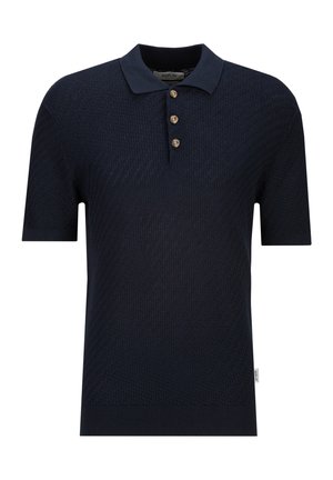Marineblauw poloshirt met korte mouwen, een gestructureerd patroon en drie bruine knopen op de voorbies.