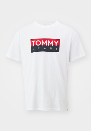 White short-sleeve T-shirt with a red and black rectangular logo reading "TOMMY JEANS" centered on the chest.