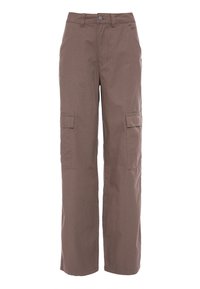 Pantalon cargo brun à jambes droites avec poches à rabat sur les côtés, poches obliques à l'avant, passants pour ceinture et fermeture à boutons.