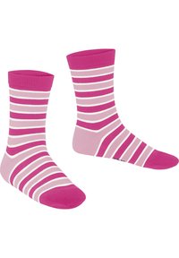 Rosa und weiße gestreifte Socken mit einem gerippten Bündchen. Das Design zeigt abwechselnd breite und schmale Streifen. Hergestellt aus weichem, flexiblem Material.