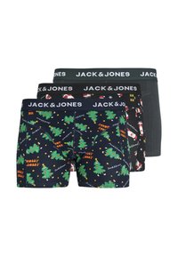 Trois paires de boxer : une avec des sapins de Noël verts, une autre avec le Père Noël, et une paire unie grise, chacune ayant une ceinture de marque.