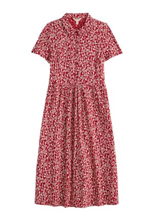 Raudona midi suknelė su balto gėlių vijoklio raštu, trumpomis rankovėmis, su apykakle ir surinkta liemene.