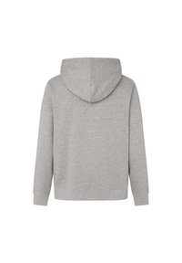Sudadera gris con una textura suave, que presenta una capucha redondeada, mangas largas y un diseño de dobladillo recto. Sin logotipos ni patrones visibles.