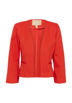 Červený ľahký blazer s priliehavým strihom, otvoreným predným dielom, dlhými rukávmi a dvoma malými prednými vreckami. Hladká textura a štandardný golier.