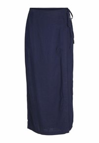 Navyblauwe linnen rok met een licht A-lijnvorm, striksluiting in de taille en een gladde textuur. Minimalistisch ontwerp, geen zichtbare patronen.