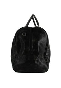Zaino in ecopelle nera con forma arrotondata, chiusura con cerniera frontale e doppie spalline. Texture liscia con una leggera lucentezza.