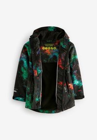 Veste noire avec un motif multicolore et moucheté en vert, rouge et bleu. Comprend une doublure en polaire, une capuche et des poches zippées.