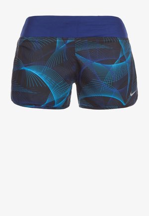 Pantalones cortos deportivos negros con un diseño gráfico azul, que cuentan con una cinturilla azul sólida y un pequeño logo en la parte inferior derecha.