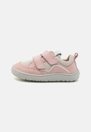 Pink suede and mesh sneaker with Velcro straps, grey outsole, and padded collar. Features a pull tab at the heel for easy wear.