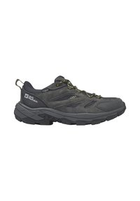 Herren-Wanderschuh mit einem Obermaterial aus dunkelgrauem Wildleder und Mesh, ausgestattet mit einer robusten Gummisohle, gelben Akzenten an den Schnürsenkeln und einer Zuglasche an der Ferse.