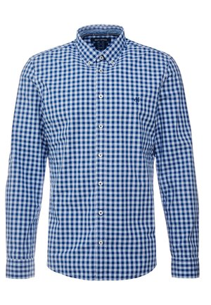 Niebiesko-biała kraciasta koszula z długim rękawem, zapinana na guziki z kołnierzykiem na guziki oraz małym wyszywanym logo na piersi.