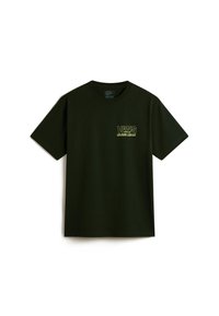 Mørkegrøn T-shirt i bomuld med rund hals. Har et gult trykt "VANS" logo og teksten "custom classic" på venstre bryst.