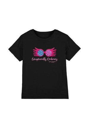Black short-sleeve t-shirt with pink glasses graphic and blue and pink lenses above the text "Exceptionally Ordinary."