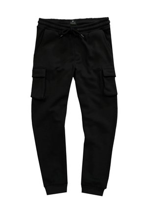 Schwarze Cargo-Jogger mit elastischem Bund, verstellbarem Kordelzug, zwei Seitentaschen und zwei Cargotaschen an den Oberschenkeln.