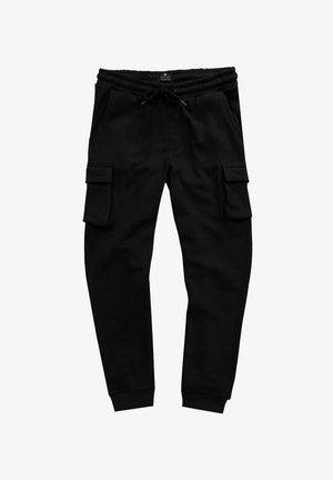 Zwarte cargo joggers met een elastische tailleband, verstelbare boord, twee zijzakken en twee cargozakken op de bovenbenen.