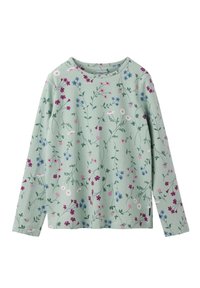 Pitkähihainen paita vaaleanvihreänä, jossa on pinkkejä ja sinisiä kukkakuvioita. Valmistettu pehmeästä kankaasta, rento istuvuus ja pyöreä kaula-aukko.