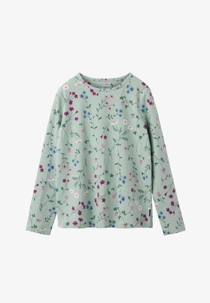 Langarmshirt in lichtgroen met een bloemenpatroon in roze en blauw. Gemaakt van zachte stof met een relaxte pasvorm en ronde hals.