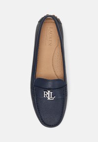 Navy leather loafer with textured surface, rounded toe, and silver "RLL" logo on the front. Features padded interior and stitched detailing.