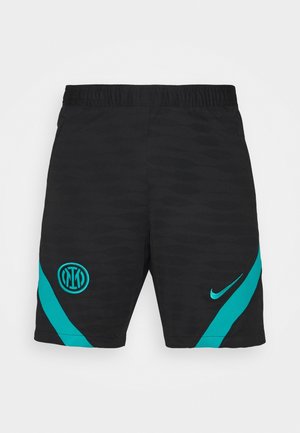 Czarne spodenki sportowe z turkusowymi ukośnymi paskami, logo Nike na prawej nodze oraz herbem klubu piłkarskiego Inter Mediolan na lewej nodze.