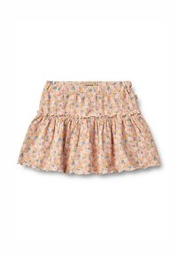 Jupe florale en tissu rose avec de petits motifs de fleurs colorées. Dotée d'un ourlet en volants et d'une taille élastique pour le confort.