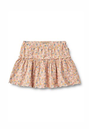 Jupe florale en tissu rose avec de petits motifs de fleurs colorées. Dotée d'un ourlet en volants et d'une taille élastique pour le confort.