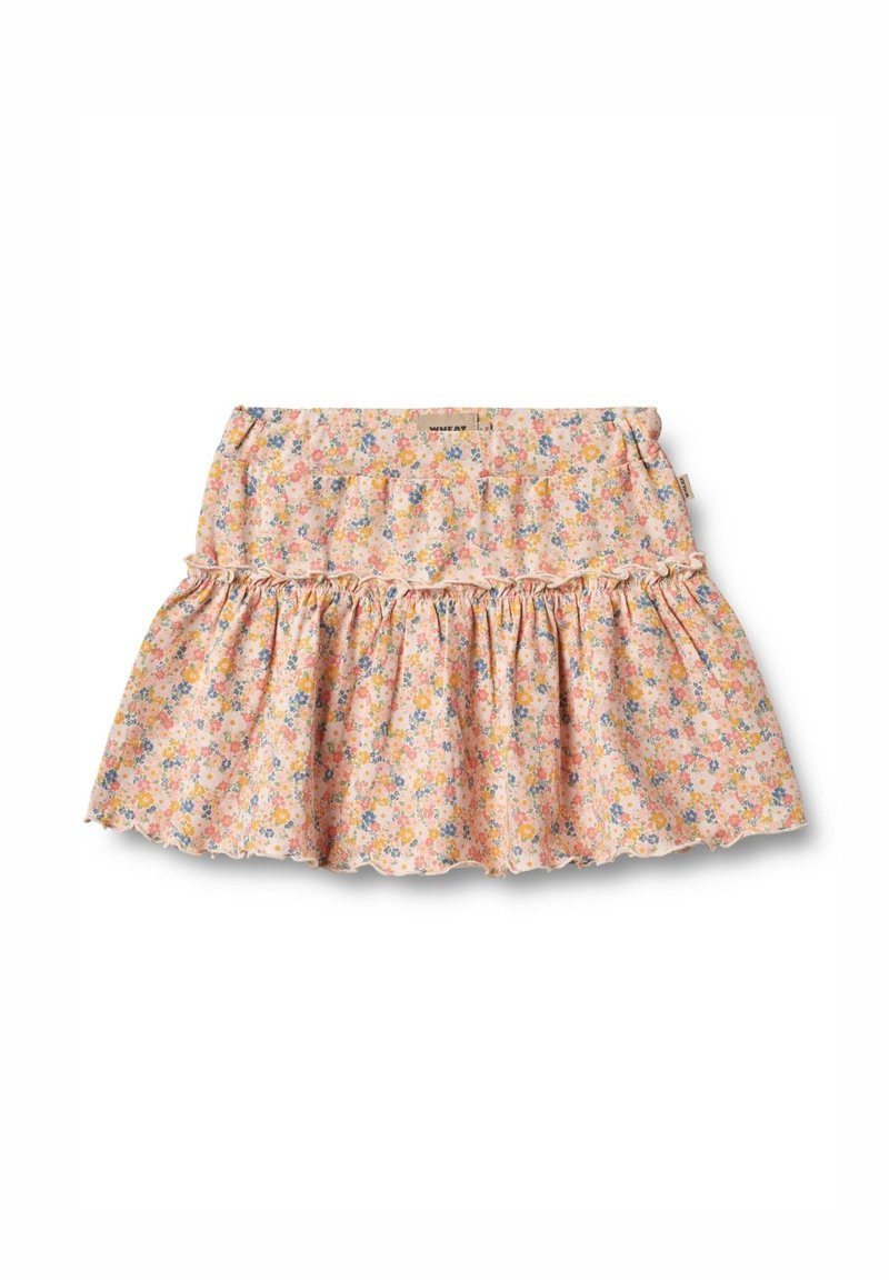 Jupe florale en tissu rose avec de petits motifs de fleurs colorées. Dotée d'un ourlet en volants et d'une taille élastique pour le confort.