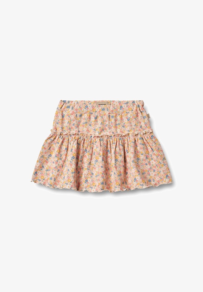 Falda floral de tela rosa con pequeños patrones de flores de colores. Cuenta con un dobladillo con volantes y una cintura elástica para mayor comodidad.