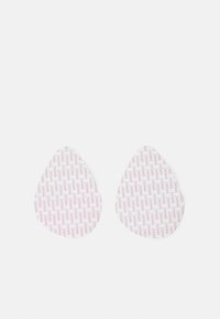 Adhesive silicone breast pads in a teardrop shape, featuring a white surface printed with "Magic" in pink. Smooth texture.