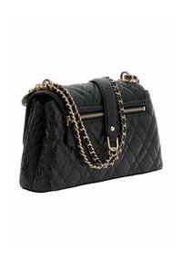 Sac à main matelassé noir en matière synthétique, avec une bandoulière chaîne dorée, une poche zippée et un design structuré.