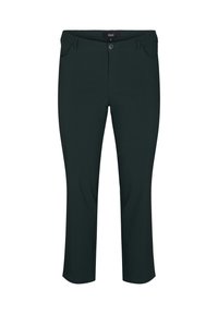 Schwarze, maßgeschneiderte Hose aus stretchbarem Material. Mit Knopfverschluss, Gürtelschlaufen und frontalen Taschen. Verkürzte Länge.