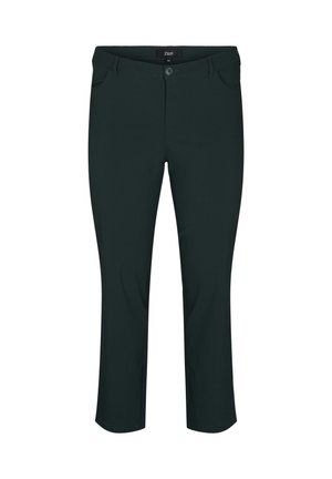 Pantaloni neri su misura realizzati in un tessuto elasticizzato. Presentano una chiusura con bottone, passanti per cintura e tasche frontali. Lunghezza corta.