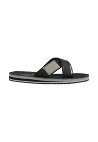 Zwarte flip-flop sandaal met een gestructureerde band, leren bovenwerk en grijze accenten. Heeft een gevoerde zool met een gepatternde loop voor grip.